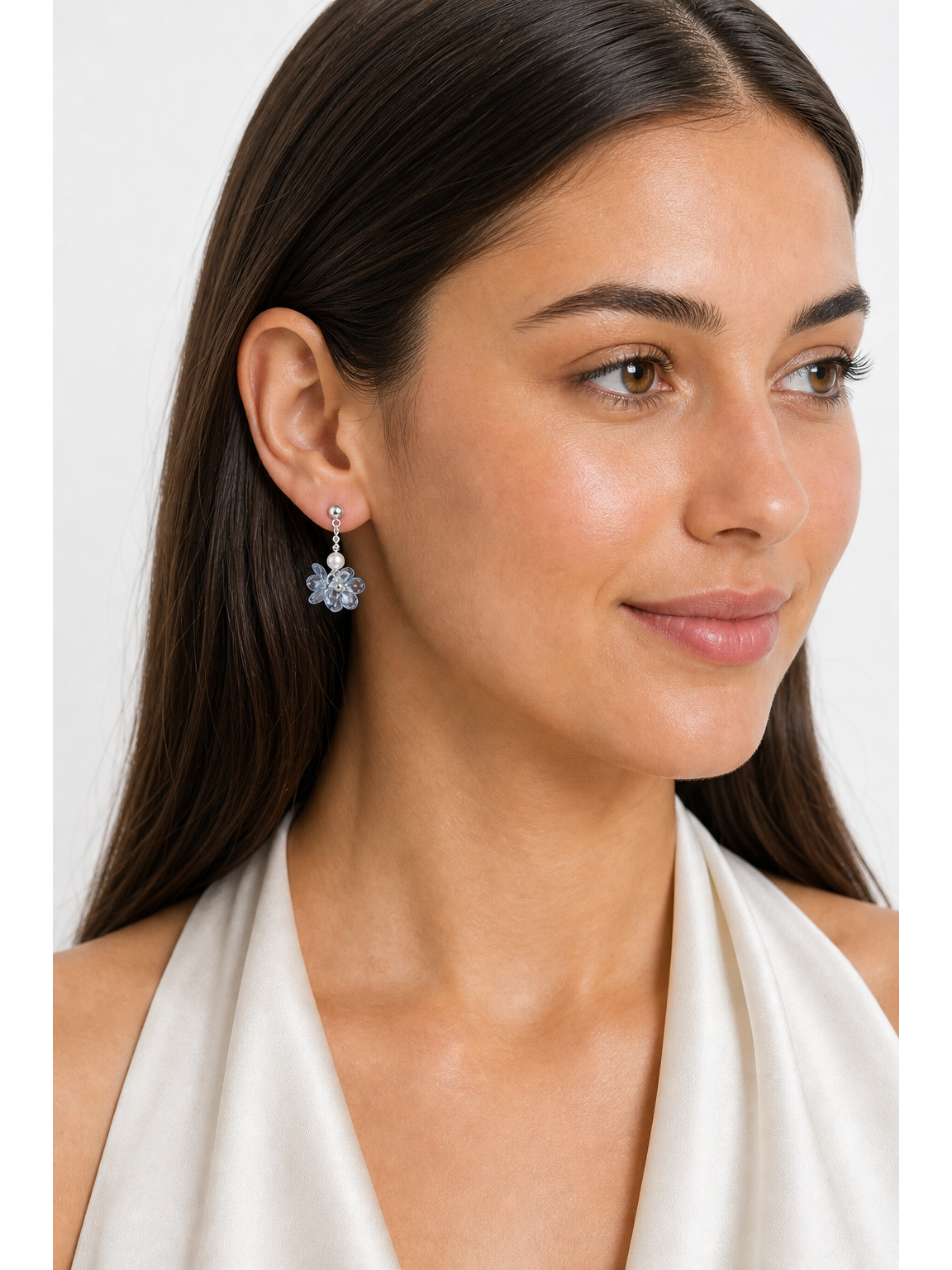 Blue Floral Pearl Drop Rhodium with Sterling Silver Posts Earring 3
