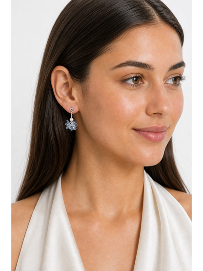 Blue Floral Pearl Drop Rhodium with Sterling Silver Posts Earring 3