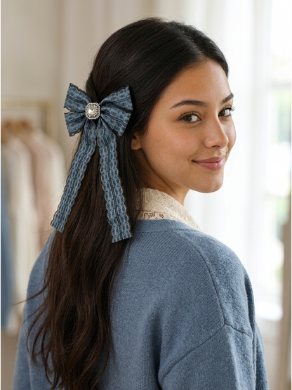 Blue Lace Bow Hair Clip with Long Tails 2