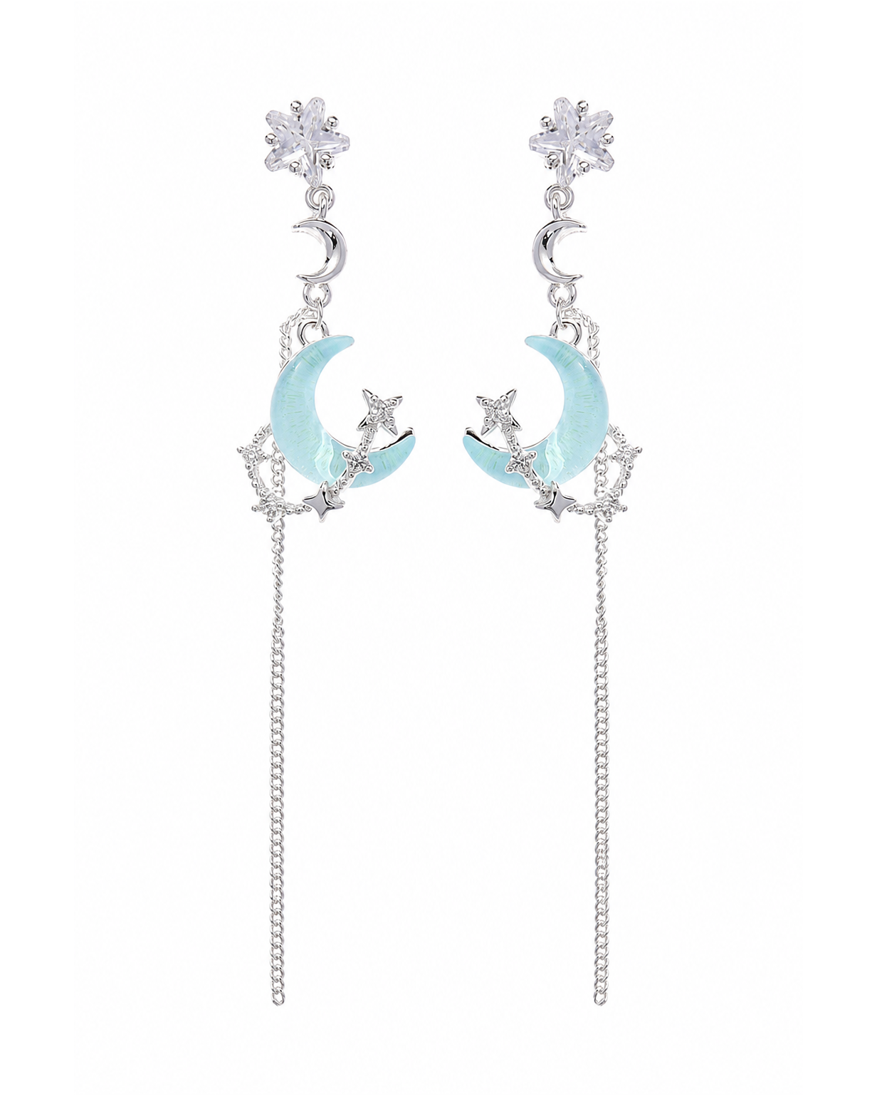 Blue Moon And Star Tassel Rhodium with Sterling Silver Posts Earring 1