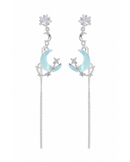 Blue Moon And Star Tassel Rhodium with Sterling Silver Posts Earring 1