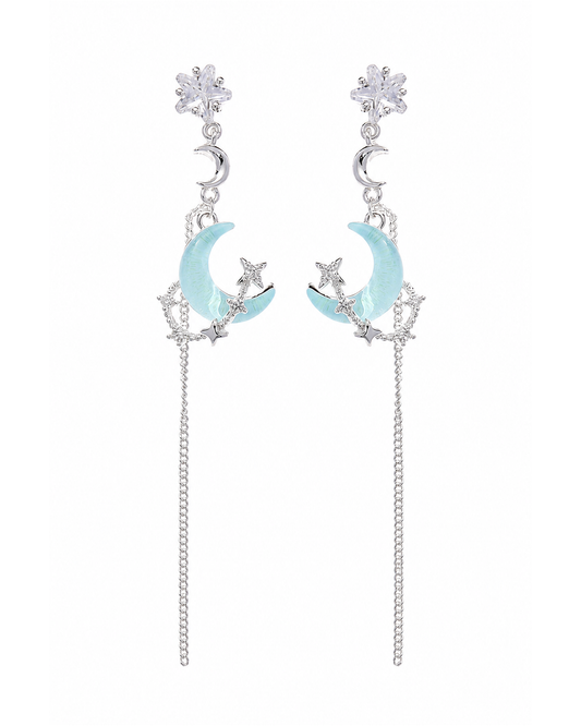 Blue Moon And Star Tassel Rhodium with Sterling Silver Posts Earring 1