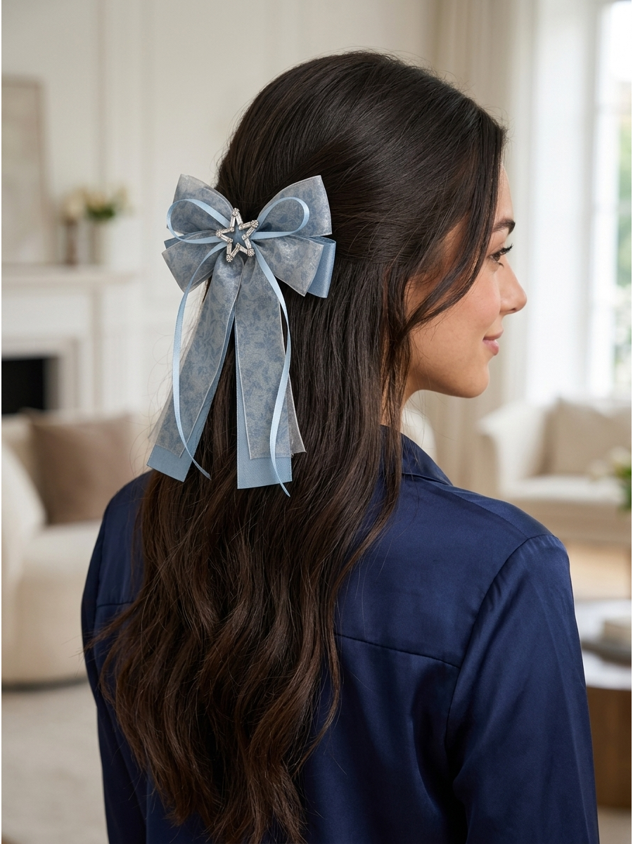 Blue Organza Bow Hair Clip with Star Zircon Accent 2