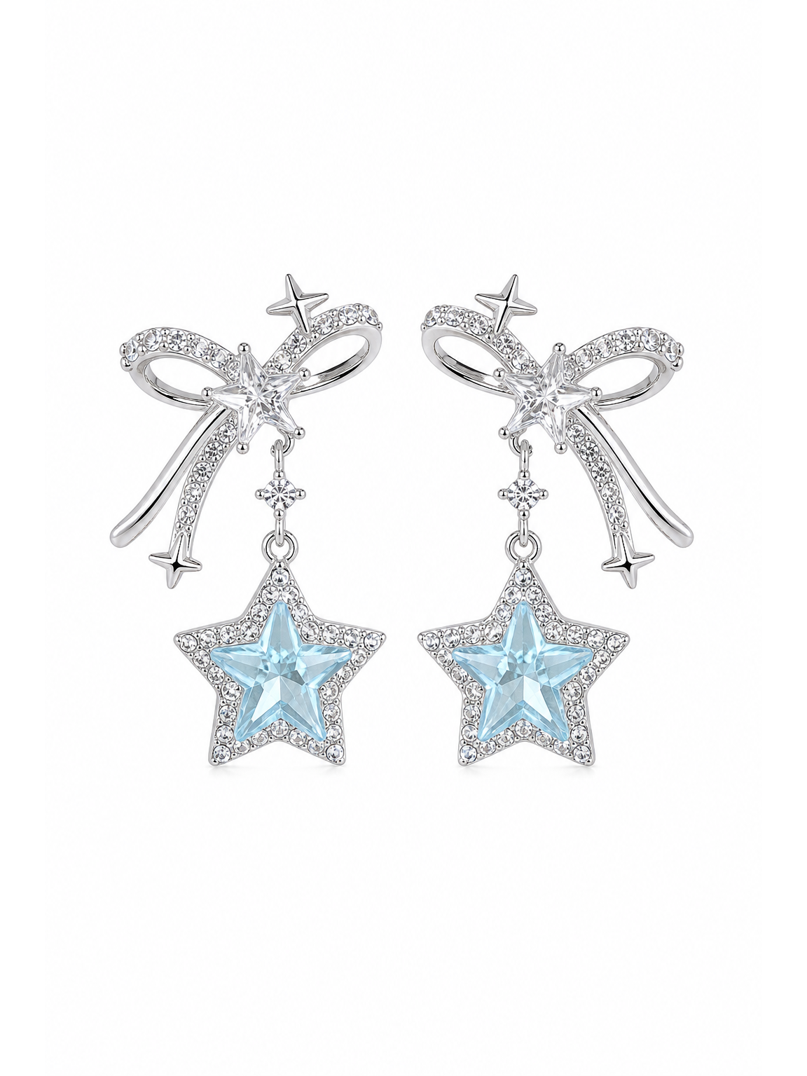 Blue Star Bow Drop Rhodium with Sterling Silver Posts Earring 1