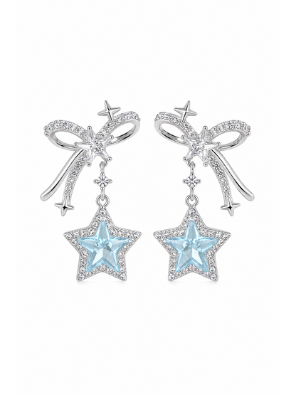 Blue Star Bow Drop Rhodium with Sterling Silver Posts Earring 1