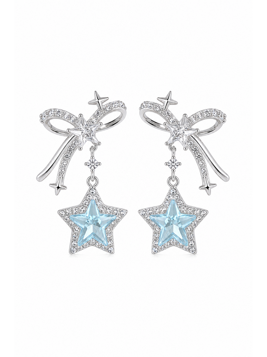 Blue Star Bow Drop Rhodium with Sterling Silver Posts Earring 1