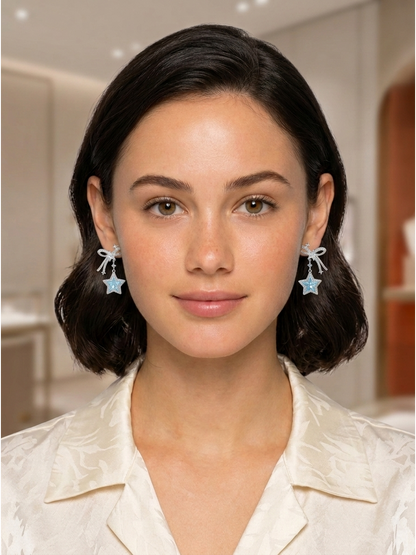Blue Star Bow Drop Rhodium with Sterling Silver Posts Earring 2
