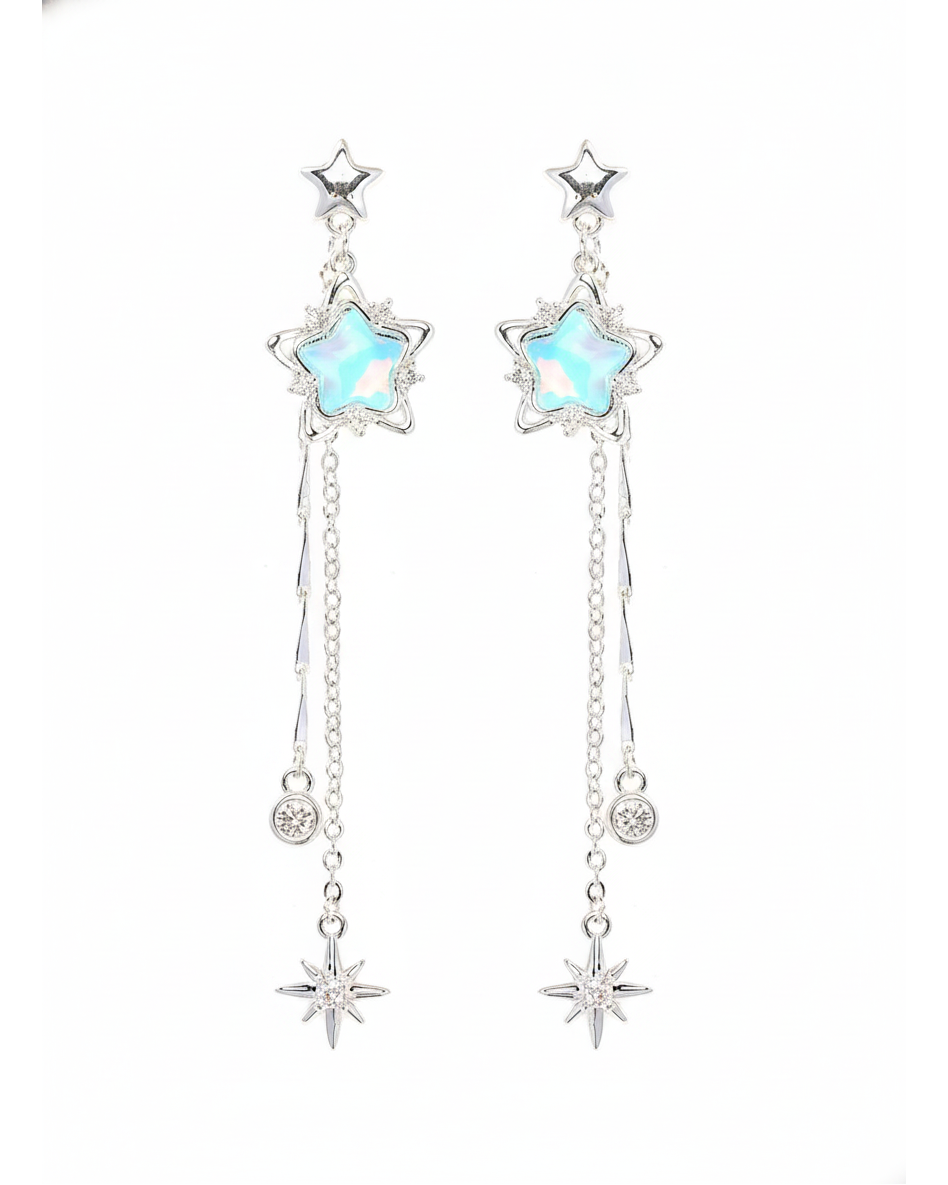 Blue Star Tassel Drop Rhodium with Sterling Silver Posts Earring 1
