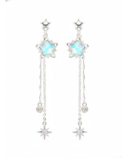 Blue Star Tassel Drop Rhodium with Sterling Silver Posts Earring 1