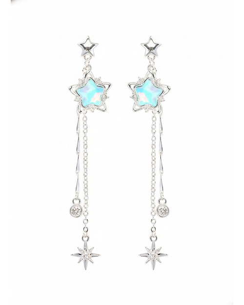 Blue Star Tassel Drop Rhodium with Sterling Silver Posts Earring