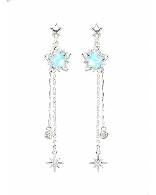 Blue Star Tassel Drop Rhodium with Sterling Silver Posts Earring 1