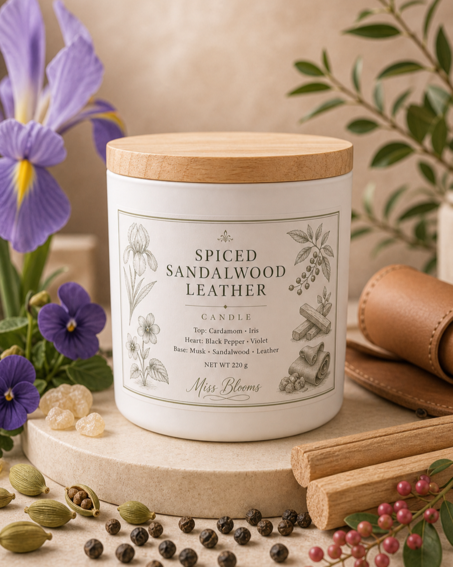 Spiced Sandalwood Leather Scented Candle | Inspired by Santal 33
