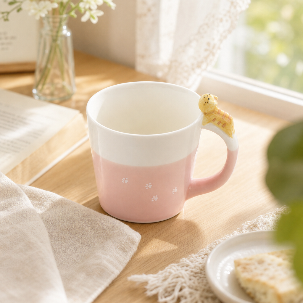 Pink Cat-Handle Ceramic Mug