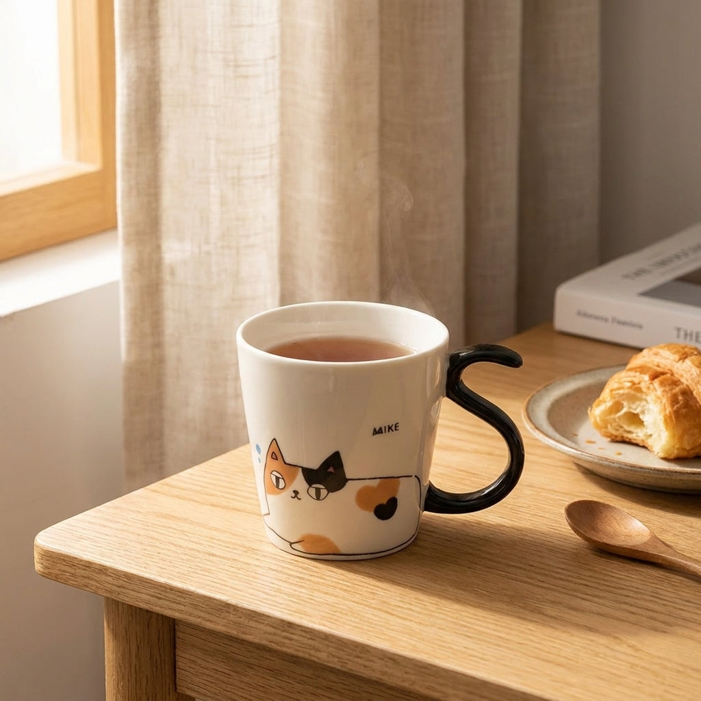 Cat-Print Mug with Tail Handle