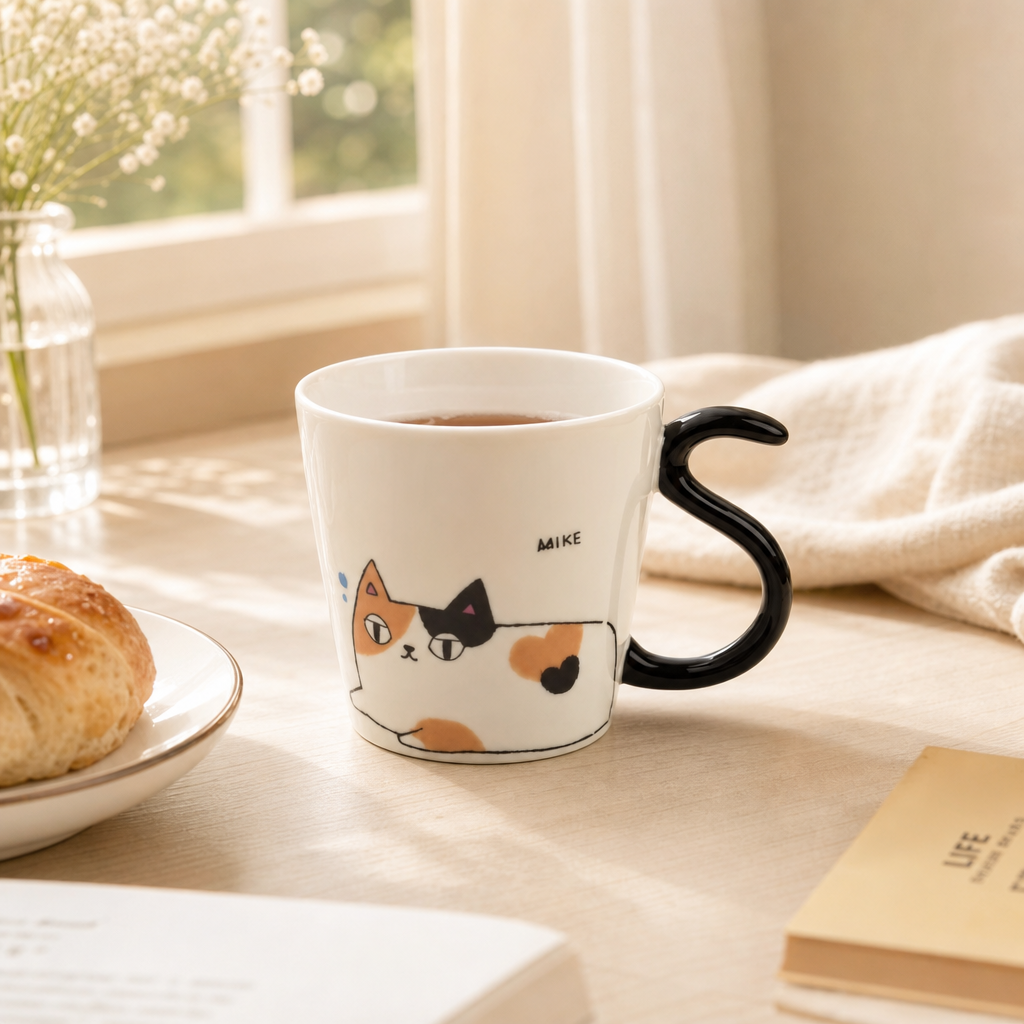 Cat-Print Mug with Tail Handle