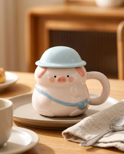 Pig Character Mug with Pastel Helmet Lid