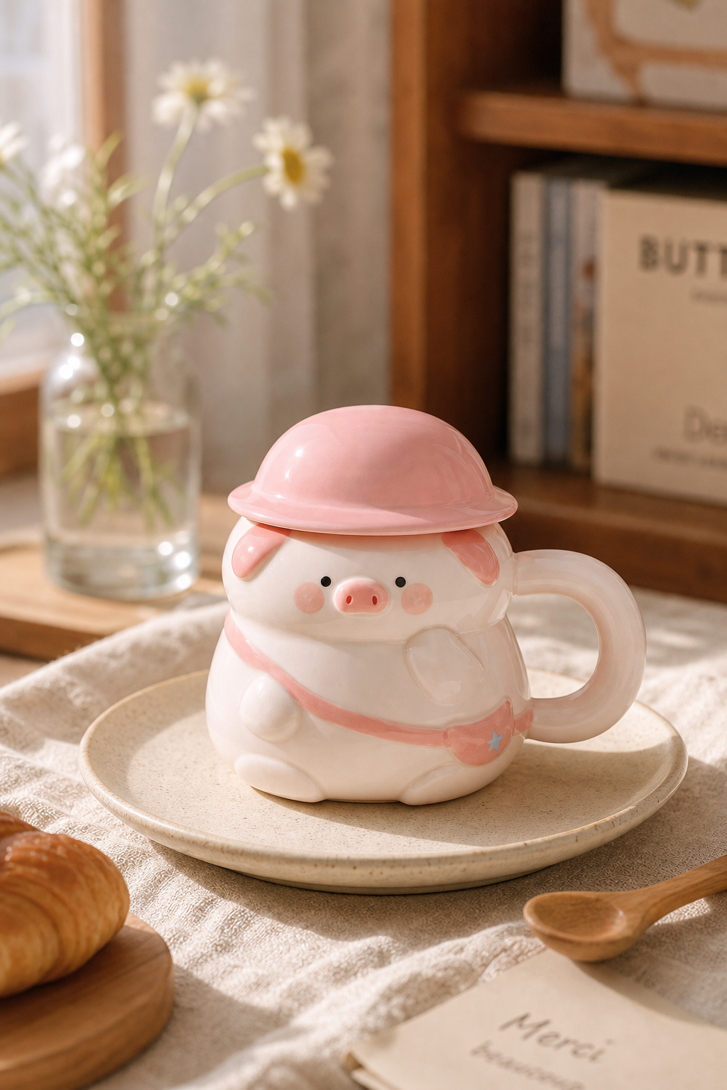 Pig Character Mug with Pastel Helmet Lid