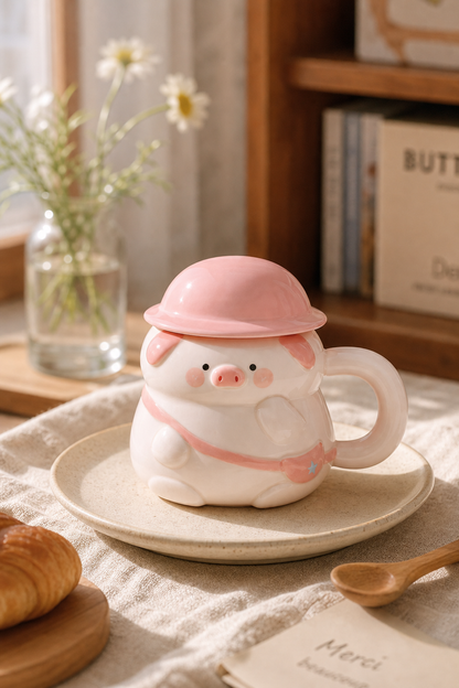 Pig Character Mug with Pastel Helmet Lid