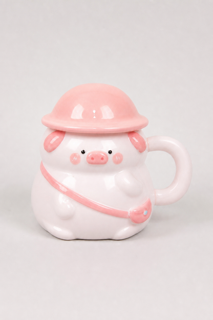Pig Character Mug with Pastel Helmet Lid
