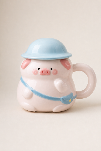 Pig Character Mug with Pastel Helmet Lid