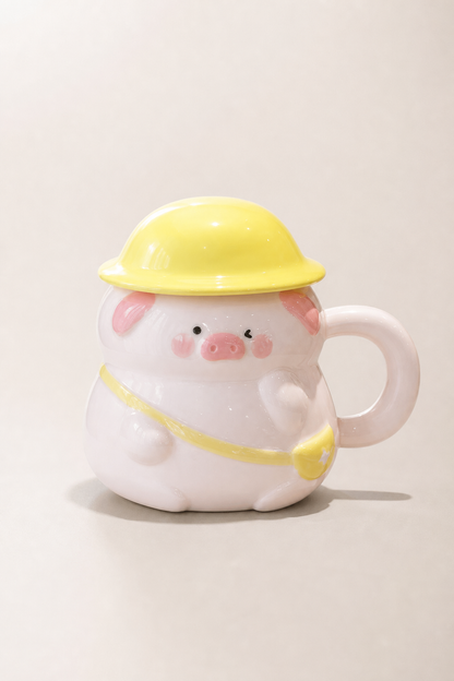 Pig Character Mug with Pastel Helmet Lid