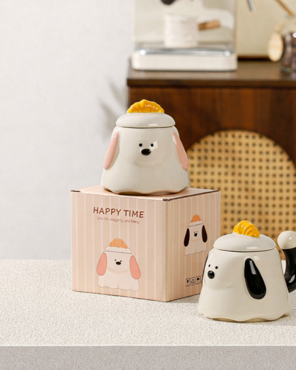Cute Puppy Ceramic Mug with Lid – Tail Handle