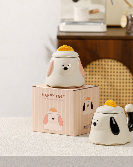 Cute Puppy Ceramic Mug with Lid – Tail Handle