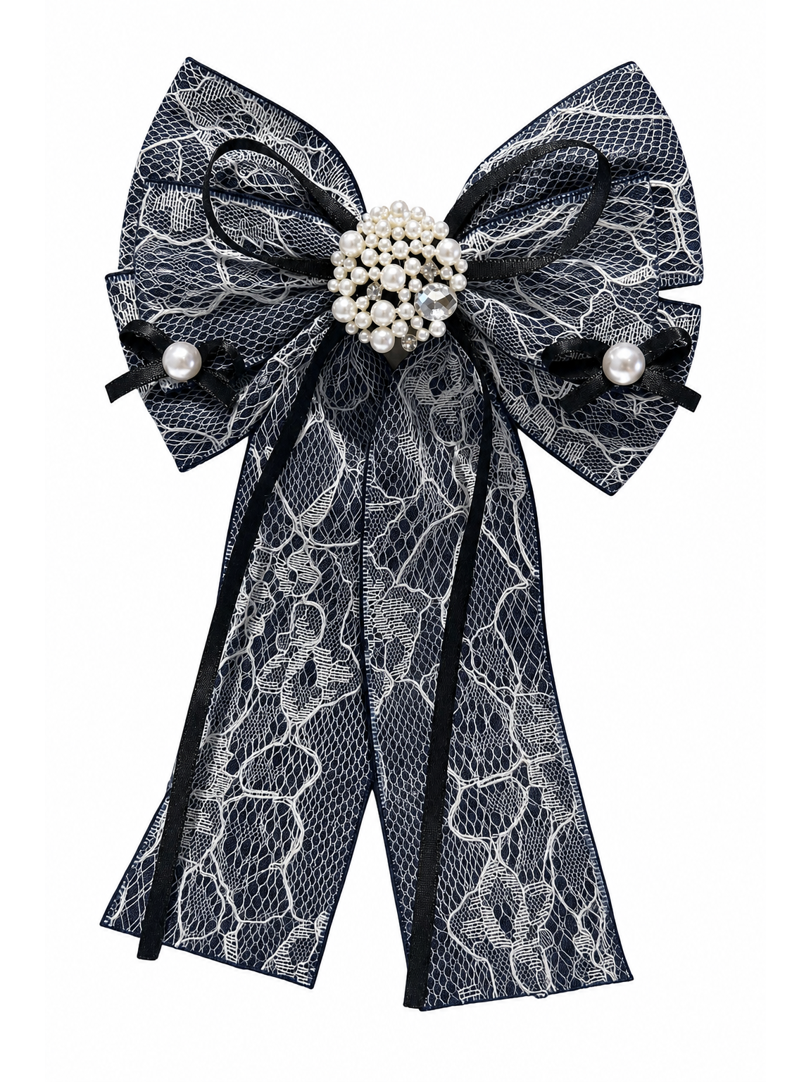 Dark Lace Bow Hair Clip with Pearl-Style Center 1