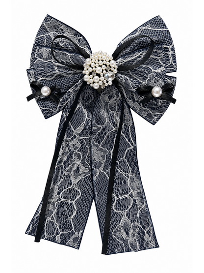 Dark Lace Bow Hair Clip with Pearl-Style Center 1