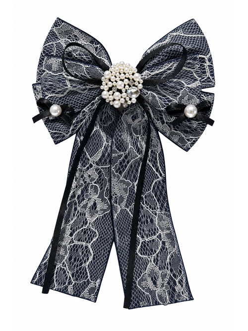Dark Lace Bow Hair Clip with Pearl-Style Center