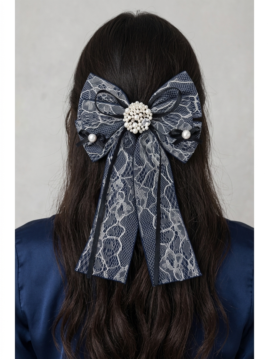 Dark Lace Bow Hair Clip with Pearl-Style Center 2