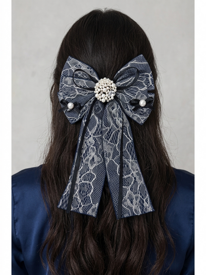 Dark Lace Bow Hair Clip with Pearl-Style Center 2