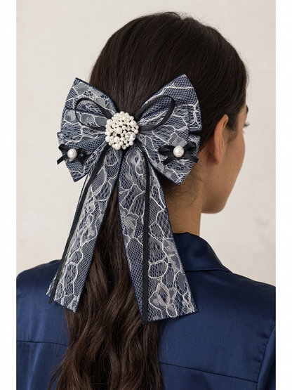 Dark Lace Bow Hair Clip with Pearl-Style Center 3