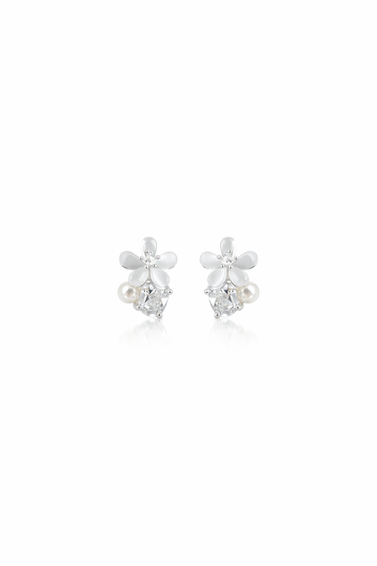 Delicate Pearl Flower With Zircon Finish Rhodium with Sterling Silver Posts Earring 1