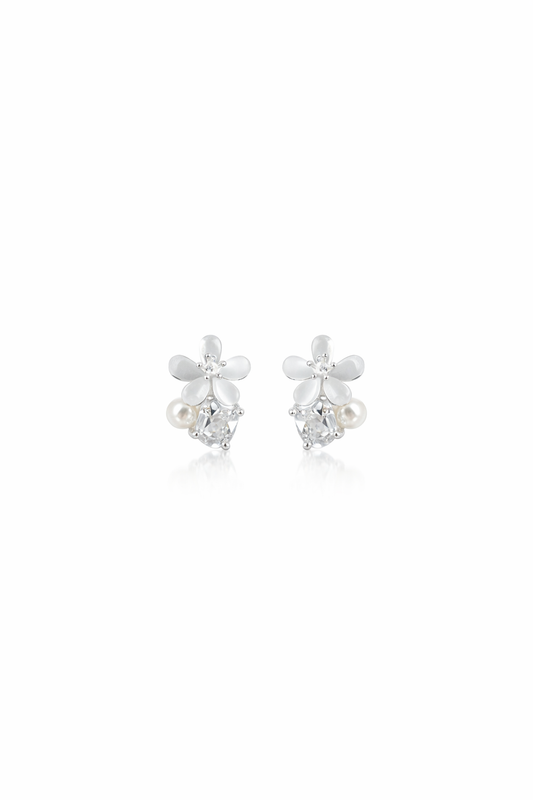 Delicate Pearl Flower With Zircon Finish Rhodium with Sterling Silver Posts Earring 1