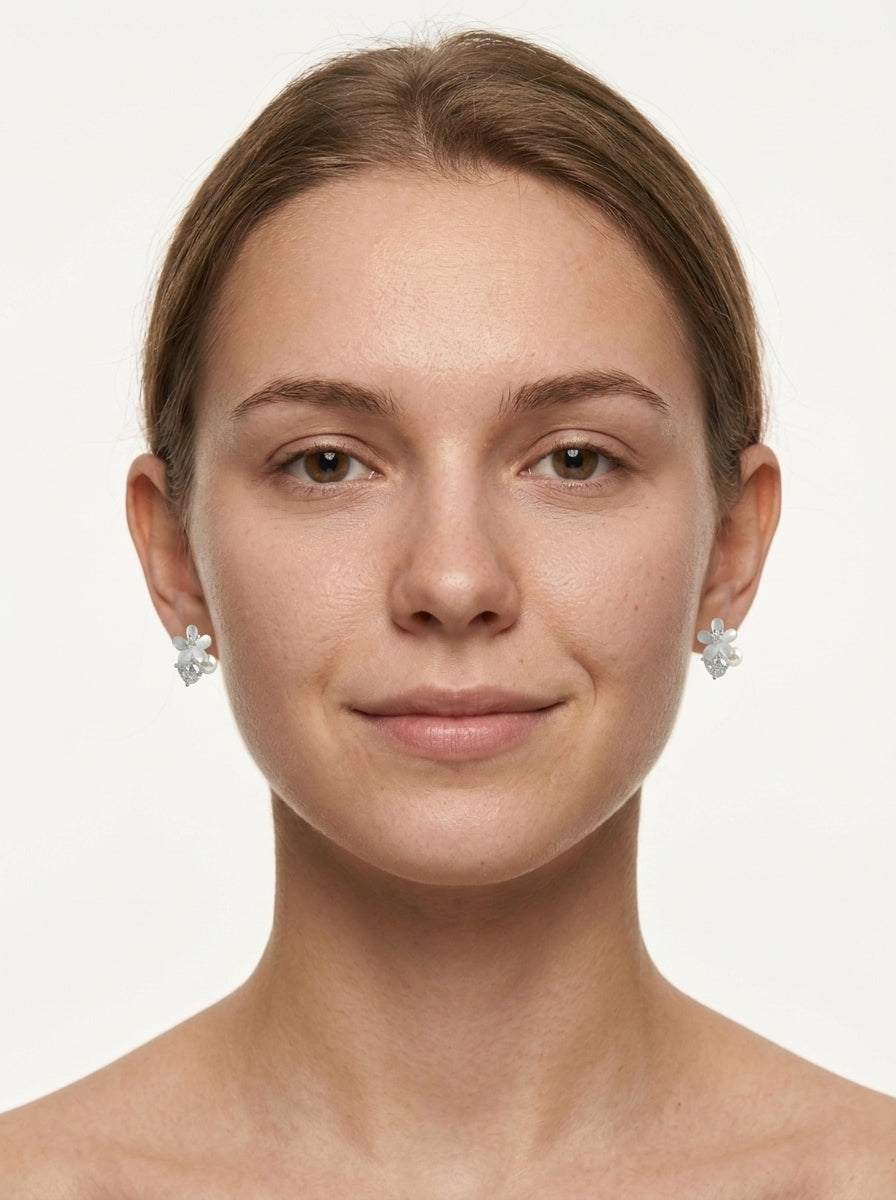 Delicate Pearl Flower With Zircon Finish Rhodium with Sterling Silver Posts Earring 2