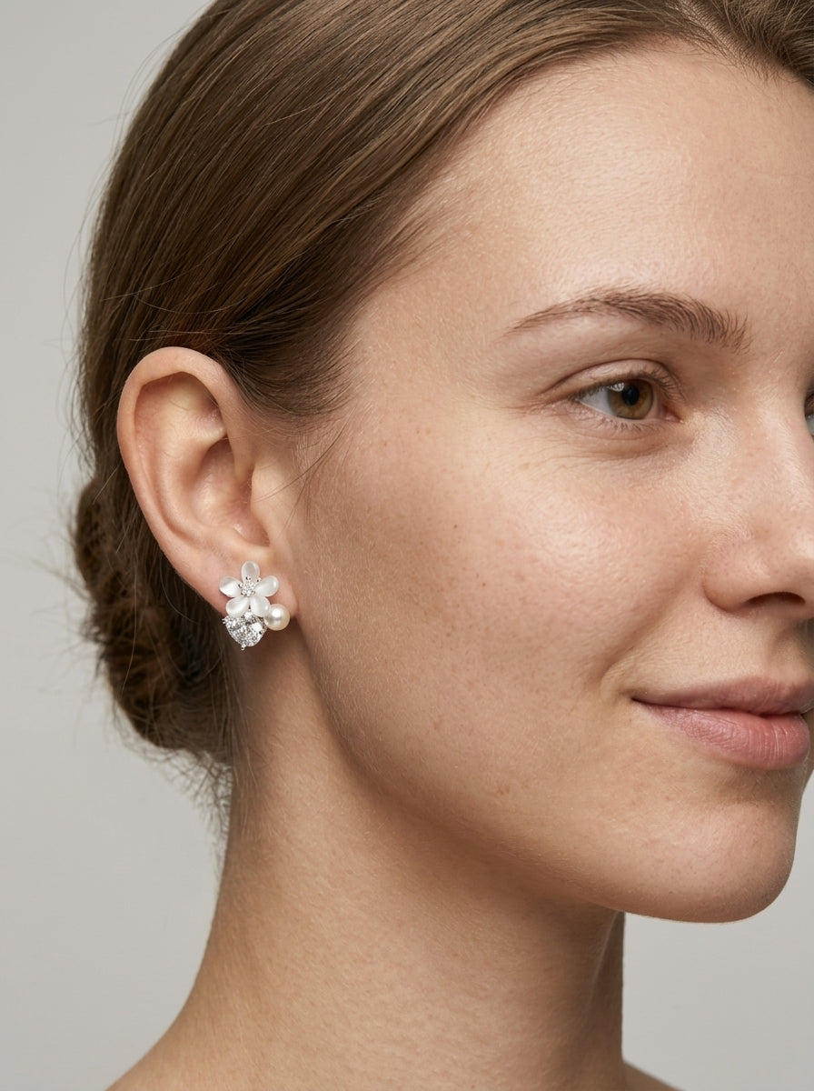 Delicate Pearl Flower With Zircon Finish Rhodium with Sterling Silver Posts Earring 3