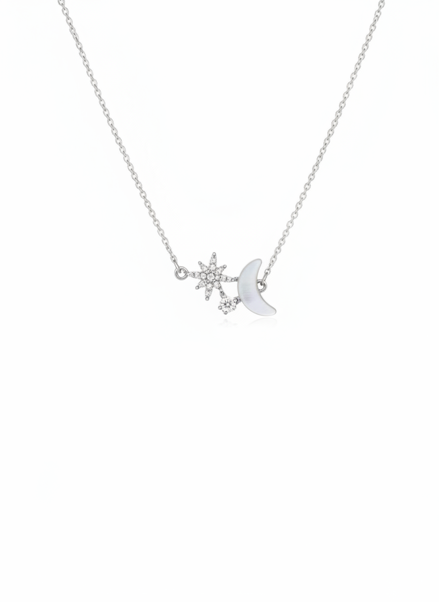 Delicate Rhodium Plated Moon and Star Necklace 1