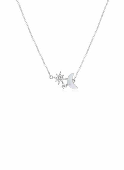 Delicate Rhodium Plated Moon and Star Necklace 1