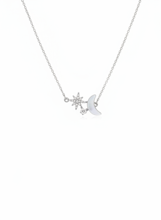 Delicate Rhodium Plated Moon and Star Necklace 1