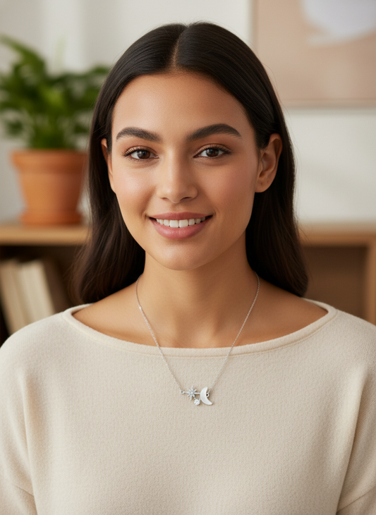 Delicate Rhodium Plated Moon and Star Necklace 2