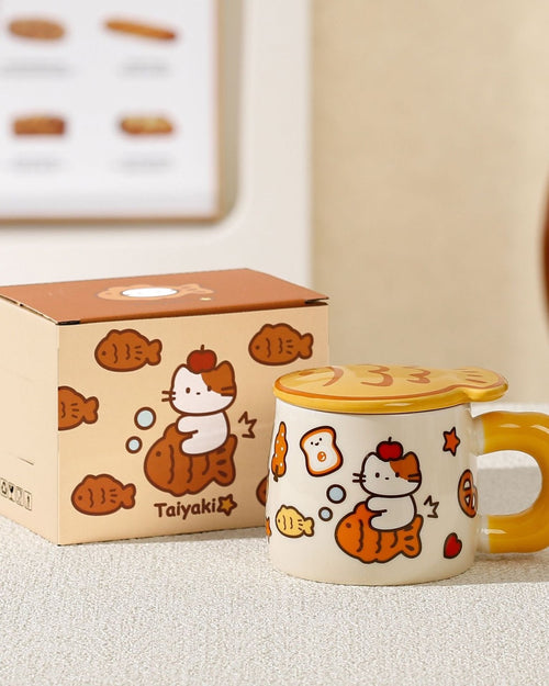 Taiyaki Cat Ceramic Mug with Lid