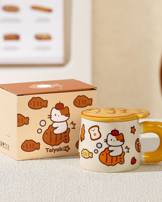 Taiyaki Cat Ceramic Mug with Lid