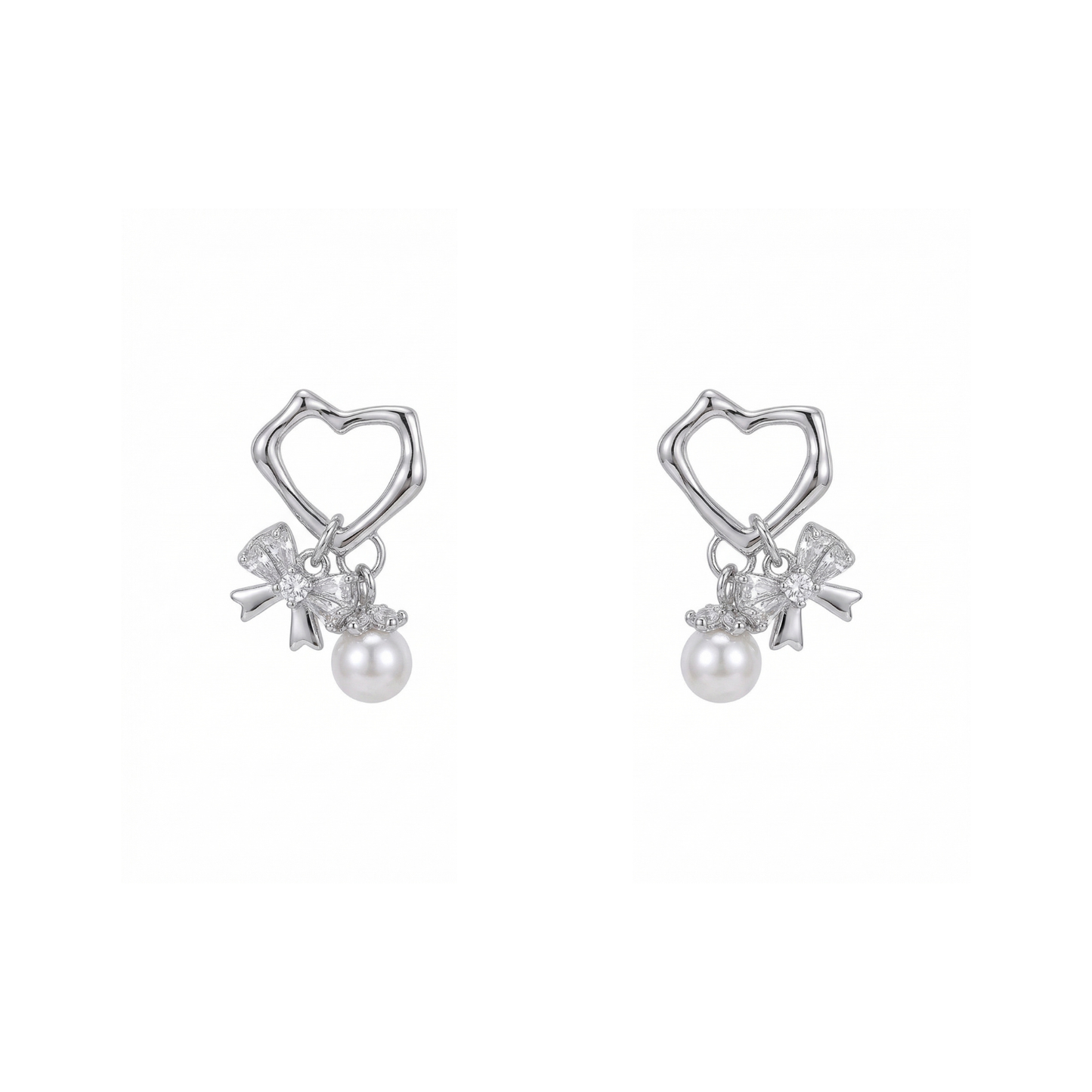 Romantic Heart Bow Pearl Silver Plated Earring