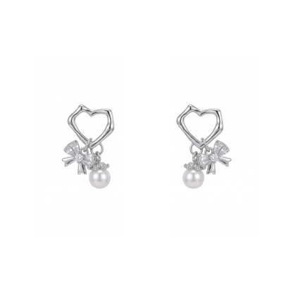 Romantic Heart Bow Pearl Silver Plated Earring