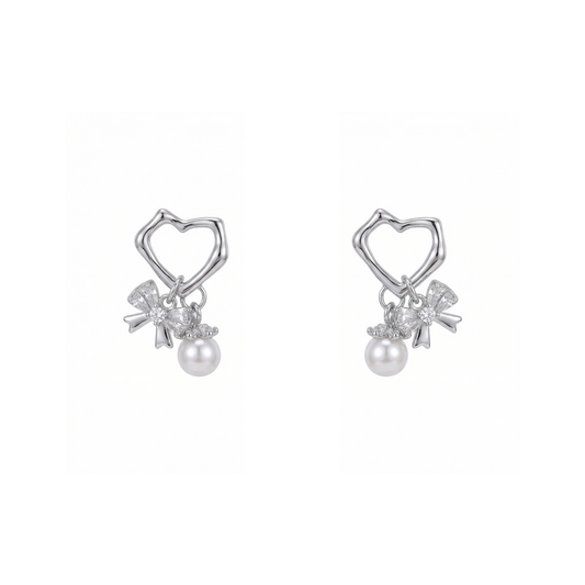 Romantic Heart Bow Pearl Silver Plated Earring