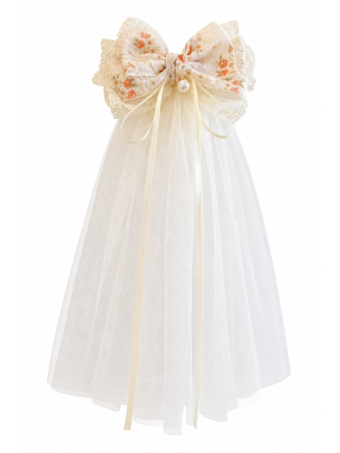 Floral Lace Bow Clip with 30cm Tulle Tail 1