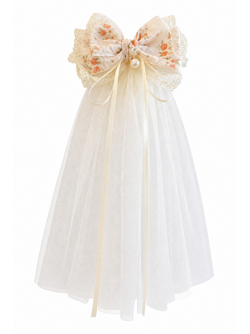 Floral Lace Bow Clip with 30cm Tulle Tail