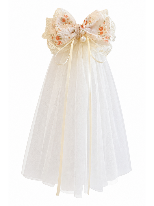 Floral Lace Bow Clip with 30cm Tulle Tail 1