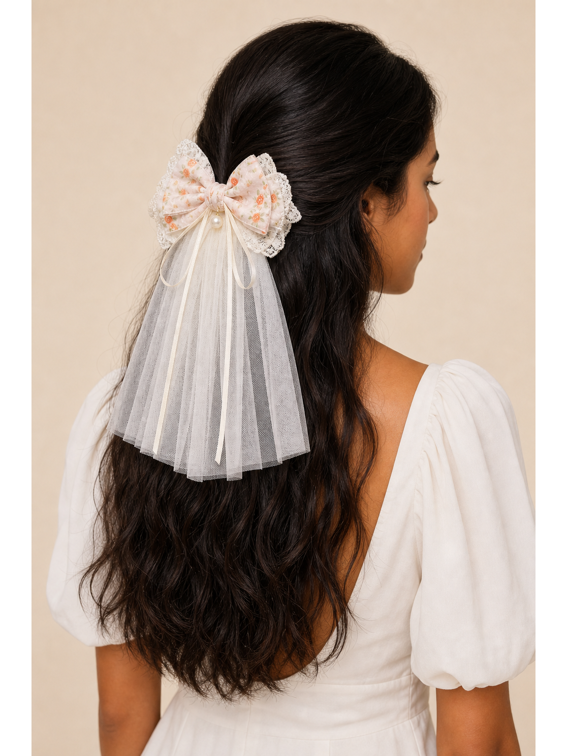 Floral Lace Bow Clip with 30cm Tulle Tail 2